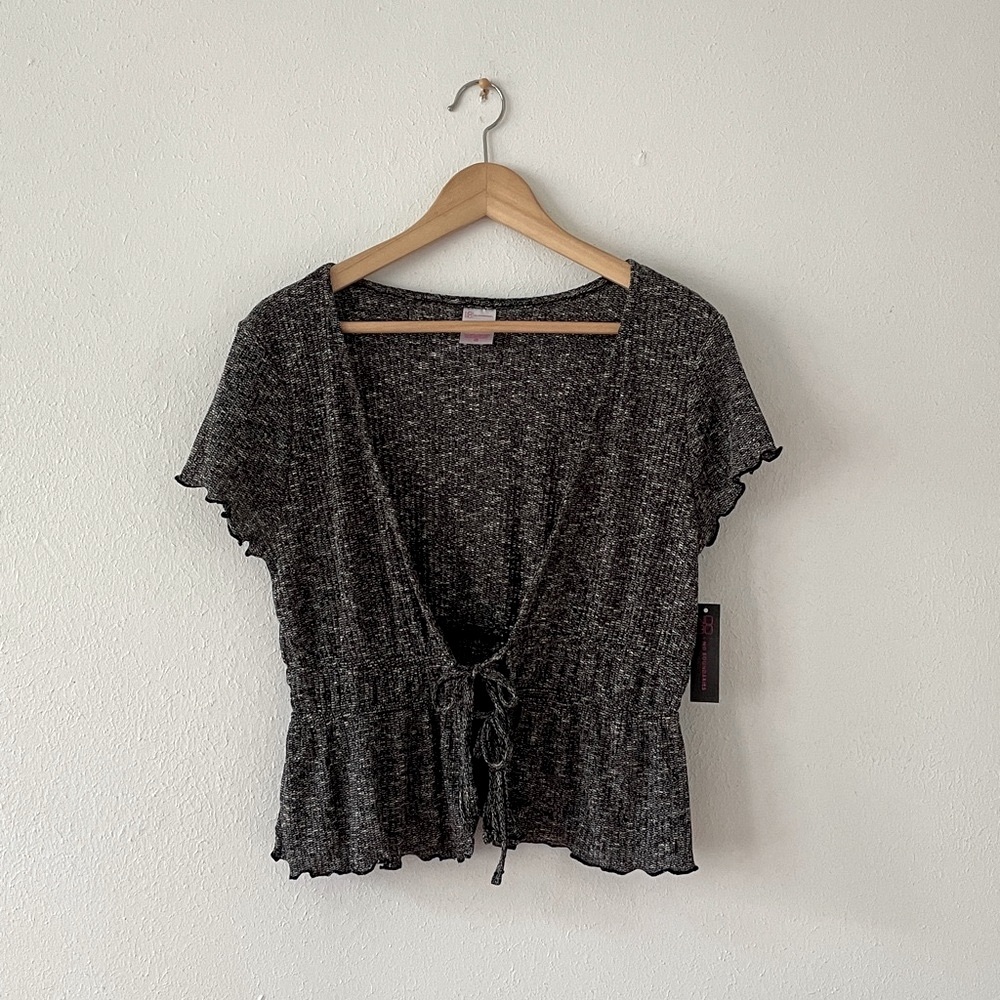 Vneck Tie Front Sweater Top Gray Marled Short Sleeve Cardi